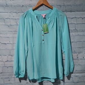 Lilly Pulitzer New With Tags Small Elsa Silk Top Blouse Seasalt Blue Small Stain